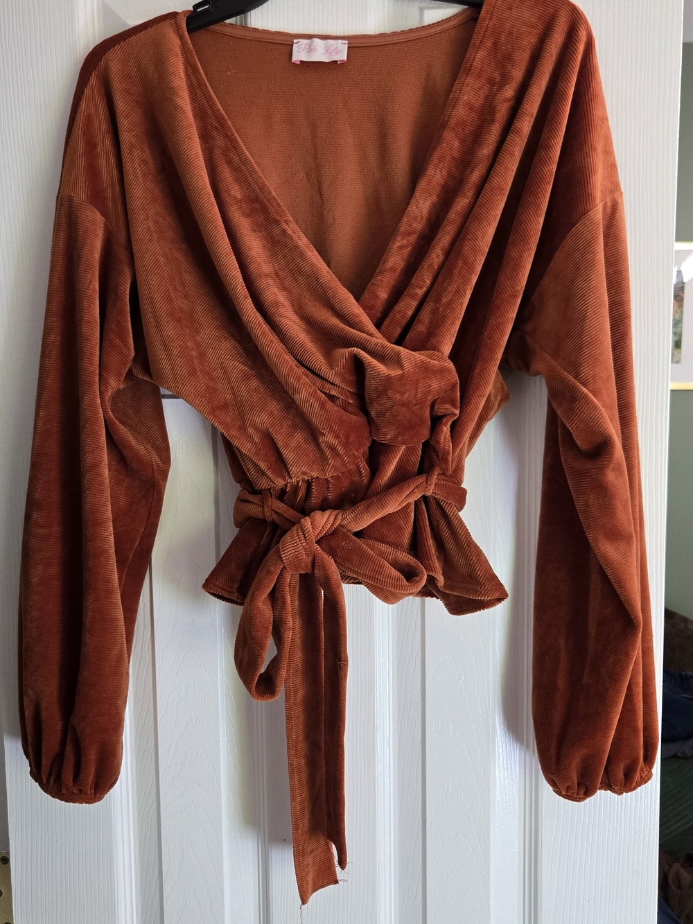 pink lily rust velvet wrap tie top | long sleeve boho blouse